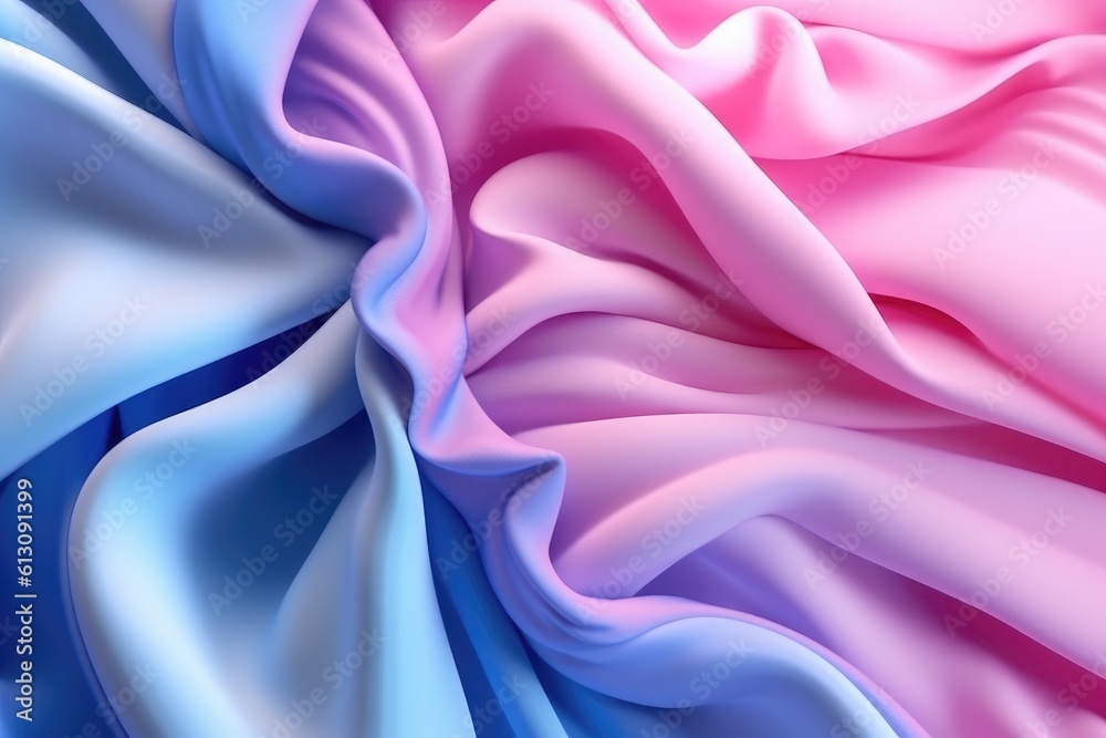 Abstract blue and pink background with folded textile ruffle. Generative AI
