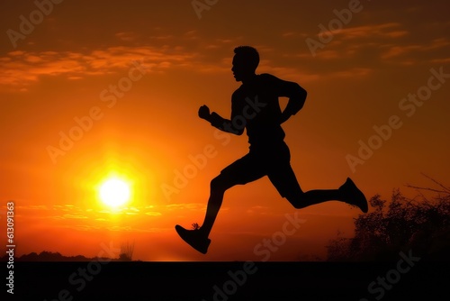 Silhouette of a man sprinting at sunset. Generative AI