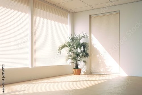 Empty White Room With Window Shades  Flowers  And Palm Leaves. Generative AI