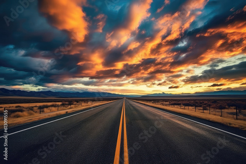 Empty Asphalt Road Against Beautiful Sky. Generative AI © Anastasiia