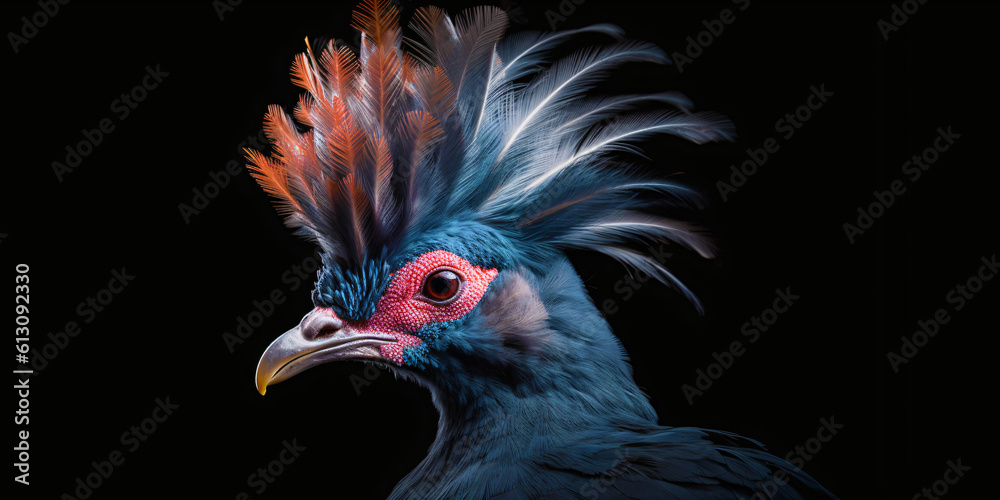 Fototapeta premium blue bird with huge fringe of hair for mating isolated on black background