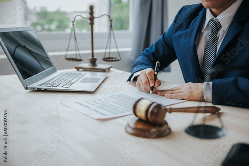 Fotografie, Obraz Lawyer or lawyer reading statute of limitations, consulting between male lawyers and business clients, tax firms and law and law firms