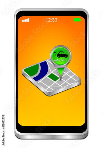 Smartphone with Map pointer with e-Mobility - 3D illustration