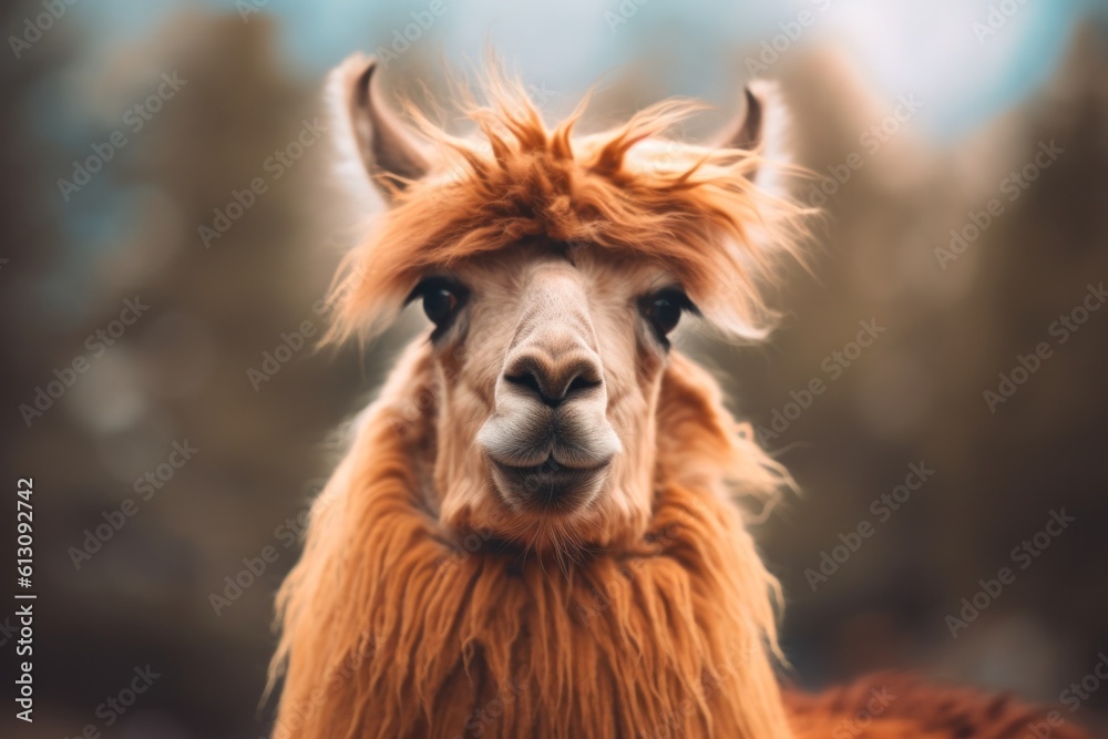  alpacas portrait.Cute alpaca on the farm.Very beautiful alpacas and funny animals.Generative AI