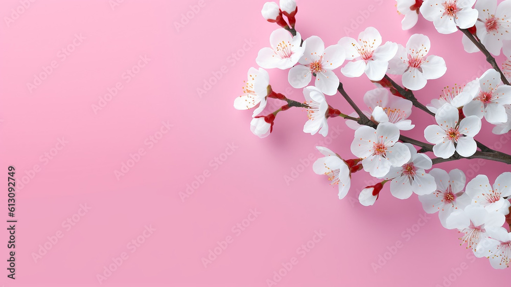 AI generative image of a flatlay of sakura flowers against a solid color background 