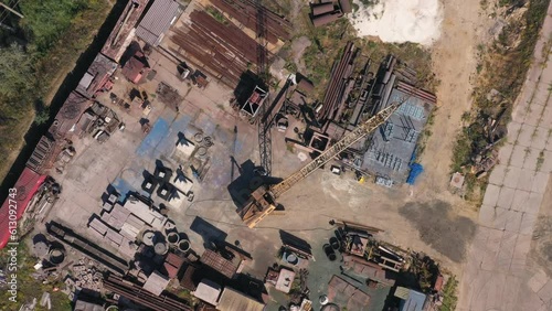 Top view of industrial zone with scrap metal for recycling. Economic recession concept. photo