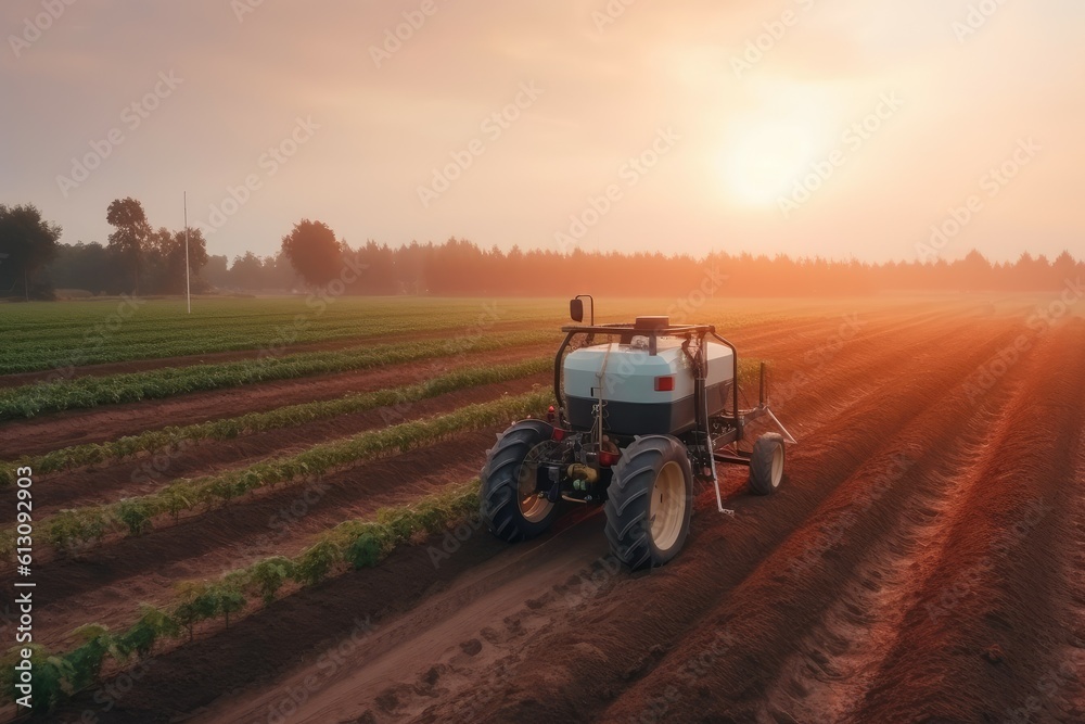 Robot farm machine sunset. Generate Ai Robot farm machine sunset. Generate Ai