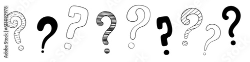 Question mark set hand drawn in doodle style, vector illustration. Icon question symbol for print and design. Quiz and Exam concept, isolated elements on a white background. Graphic sign ask and fqa