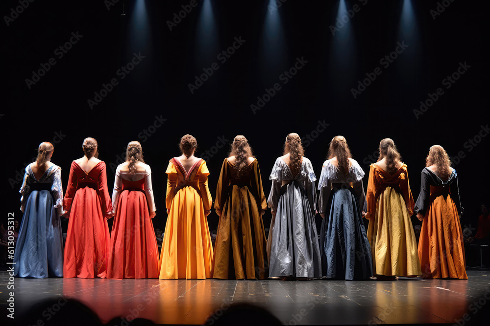 Chorus Group In Beautiful Clothes Stands On Stage And Looks Out At The Audience, Rear View. Generative AI