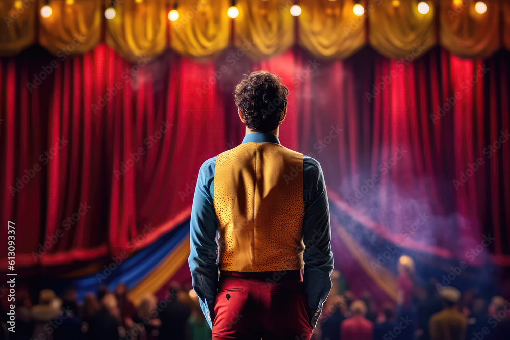 Fototapeta premium Circus Performer In Beautiful Clothes Stands On Stage And Looks Out At The Audience, Rear View. Generative AI