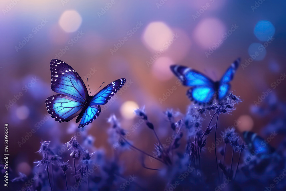 Blue Butterflies Flutter Over Wildflowers With Empty Space With Bokeh. Generative AI