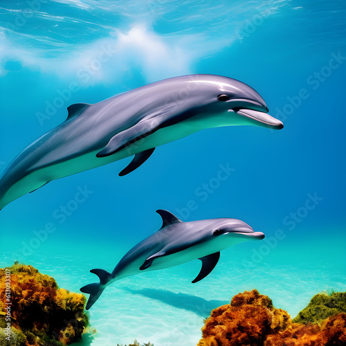 Beautiful under water view of dolphins in the ocean. (AI-generated fictional illustration)