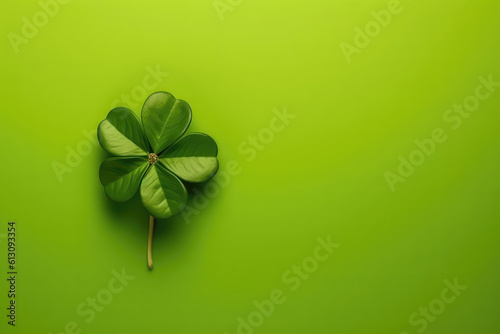 Fourleaf Green Clover On Green Background, Empty Space. Generative AI