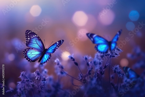 Blue Butterflies Flutter Over Wildflowers With Empty Space With Bokeh. Generative AI