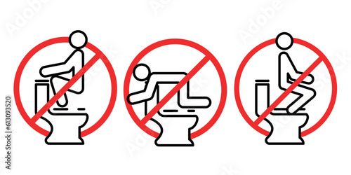 Always sit down when using toilet symbol and the prohibited uses of the toilet