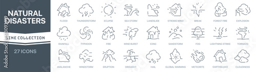 Natural disasters linear signed icon collection. Signed thin line icons collection. Set of natural disasters simple outline icons