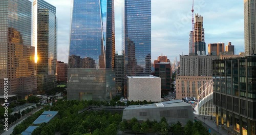 Drone view of One World Trade Center (Freedom Tower) at sunset, New York City