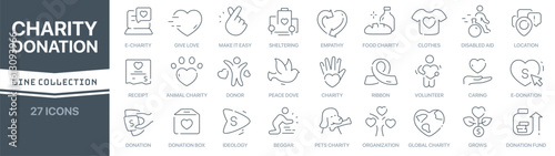 Charity and donation linear signed icon collection. Signed thin line icons collection. Set of charity and donation simple outline icons