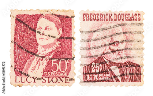 Many old historical figure of united states stamps on transpatent background.