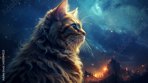 An enchanting image of a cat gazing out at a starry night sky, capturing the mysterious and nocturnal nature of cats Generative AI