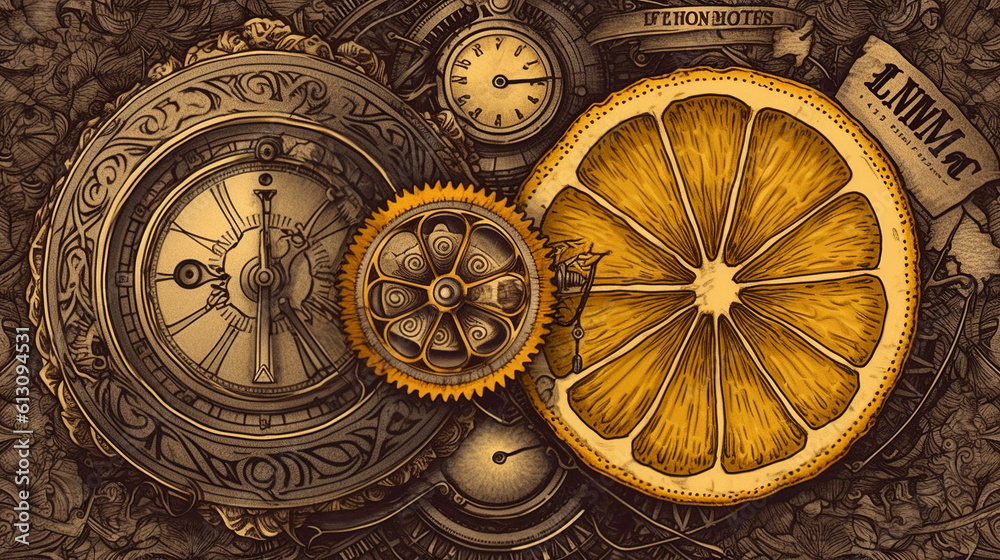 oranges and lemons, enginer, generative, ai, steampunk, background