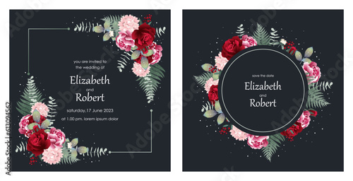Floral vintage design for wedding invitation. Pink and red roses  branches with leaves  eucalyptus  green leaves and ferns.