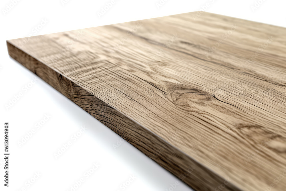 Wooden Table Surface As Viewed From The Side On White Background. Generative AI Wooden Table Surface As Viewed From The Side On White Background. Generative AI
