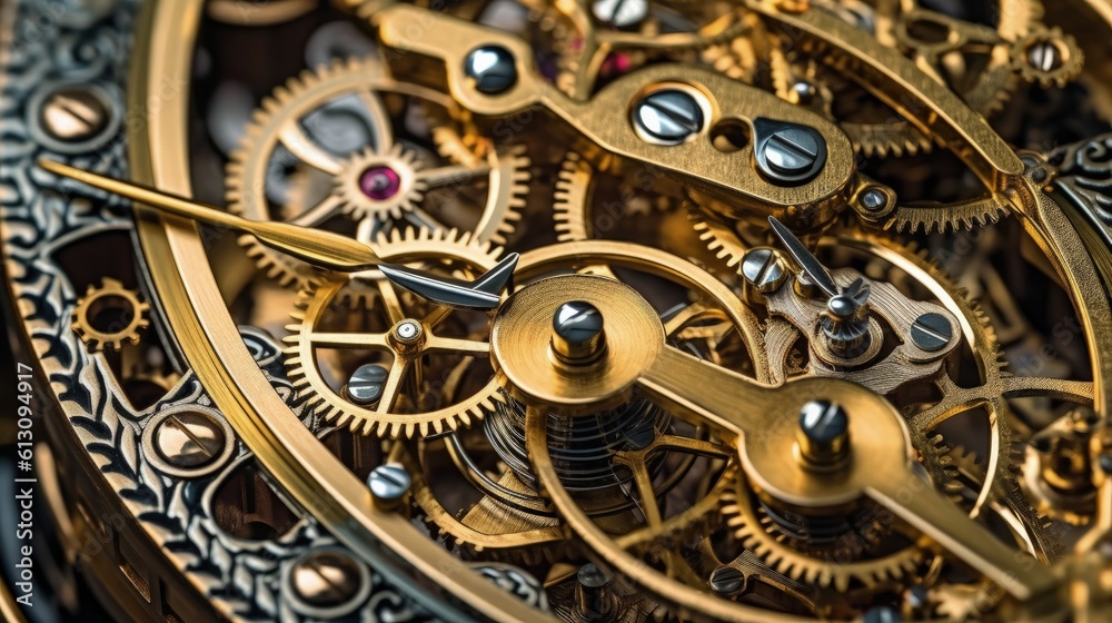 Concept of transience, the ephemeral nature of time, illustration, close-up of mechanism of antique clock, gears and cogs in clockwork watch. AI generated Concept of transience, the ephemeral nature of time, illustration, close-up of mechanism of antique clock, gears and cogs in clockwork watch. AI generated