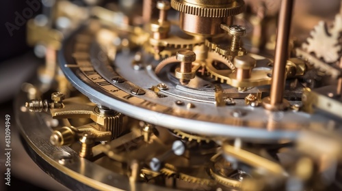 Concept of transience, the ephemeral nature of time, illustration, close-up of mechanism of antique clock, gears and cogs in clockwork watch. AI generated