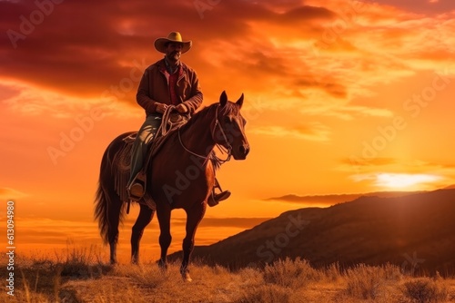cowboy silhouette at sunset.wild west landscape. Generative AI 
