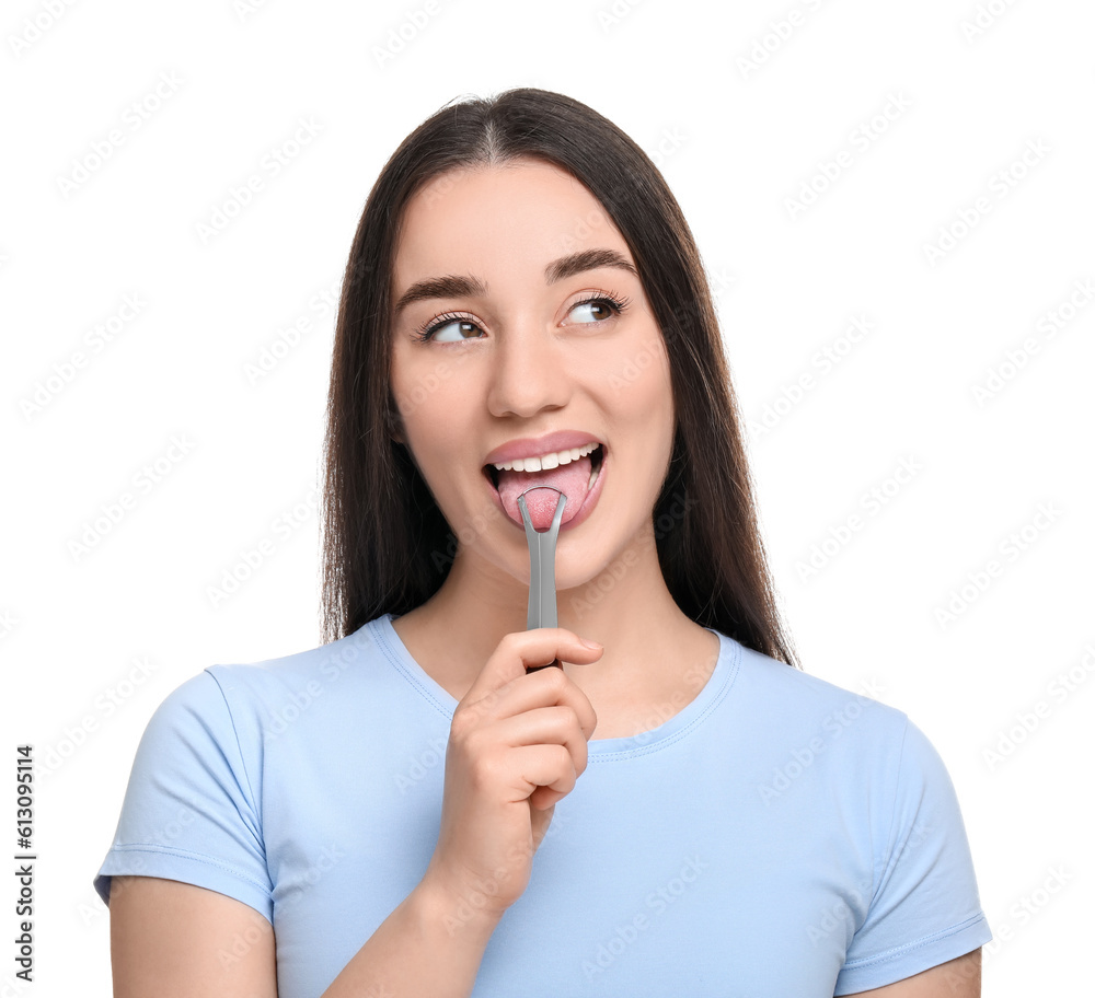 Happy woman brushing her tongue with cleaner on white background Happy woman brushing her tongue with cleaner on white background