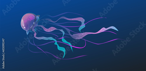 Jellyfish underwater. Illustration on blue gradient background, banner design