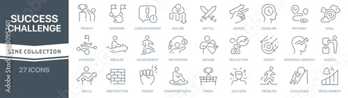 Success and challenge linear signed icon collection. Signed thin line icons collection. Set of success and challenge simple outline icons