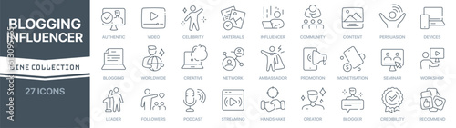 Blogging and influencer linear signed icon collection. Signed thin line icons collection. Set of blogging and influencer simple outline icons