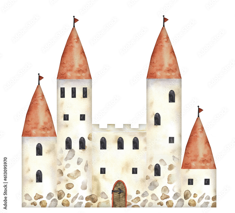 Fototapeta premium Medieval childish castle watercolor hand drawn illustration. Paint drawing fairy tail antique building with towers, flags, windows and gate isolated. Watercolor illustration