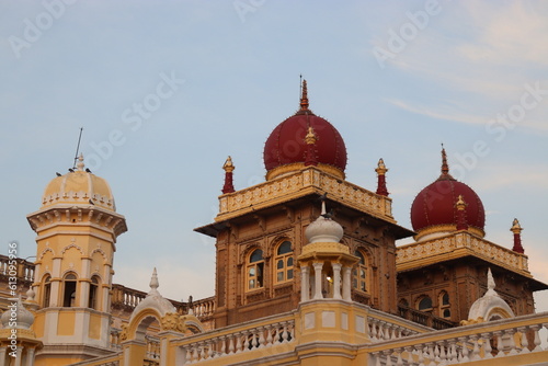 A beautiful view of Mysore palace on the evening sky background which is shot on camera.