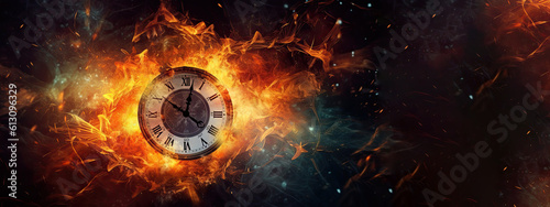Abstract illustration of clock in flames on a dark background. Concept of elusive time, transience, fleetingness of life, the ephemeral nature of time. Banner with copy space. AI generated