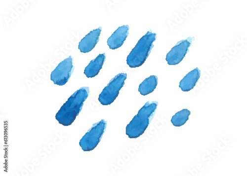 Watercolor vector drops. Blue strokes of paint brush isolated on white background. Aquarelle stains, splash, rain, water, clouds symbol. Fresh sign. Tie dye Ornament. Hand drawn stock illustration