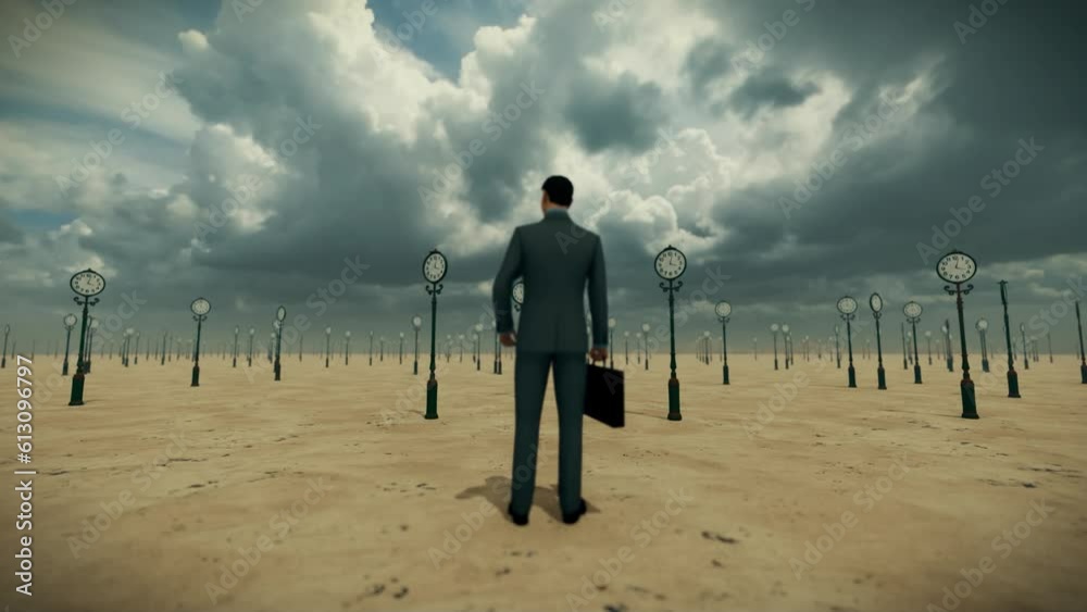 Businessman in desert surrounded by timelapse clocks against stormy clouds, loop