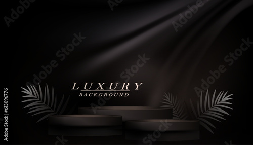 Illustration with a round scene, silhouette of leaves on a dark background