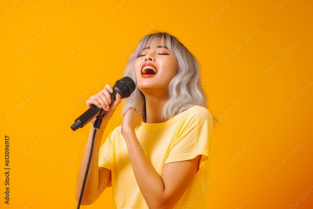 Young woman singing with microphone on solid background. Attractive young female singing with closed eyes. Generative AI