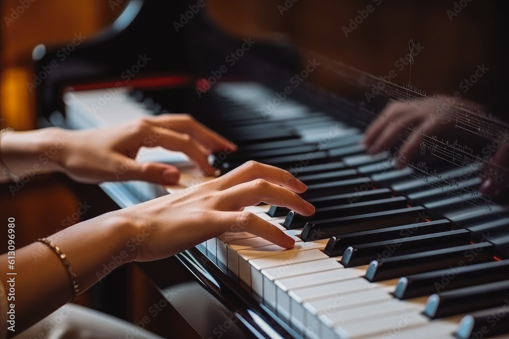 Fototapeta premium Favorite classical music. Closeup of gentle female hand playing the piano. Generative AI