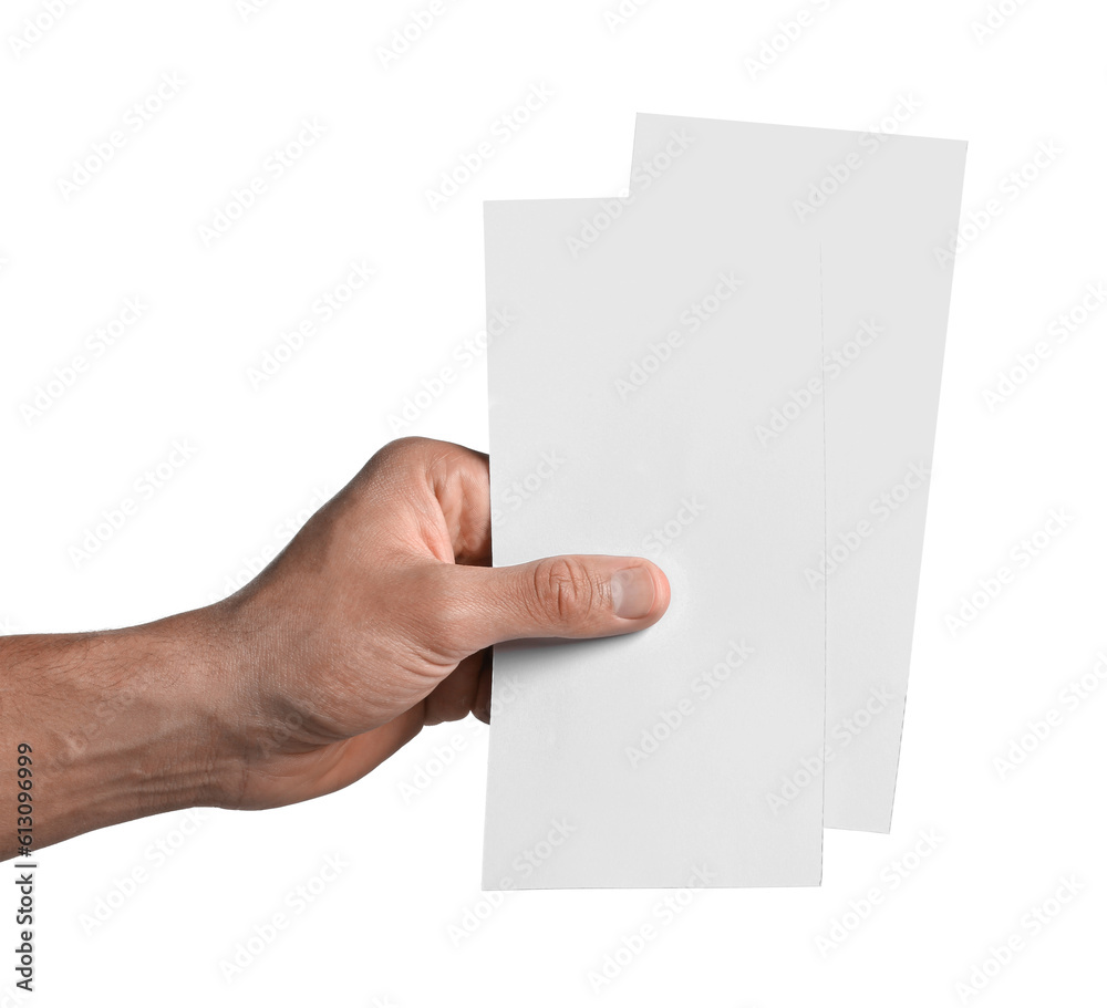 Man holding flyers on white background, closeup. Mockup for design Man holding flyers on white background, closeup. Mockup for design