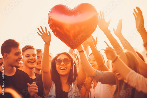 Portrait of happy crowd enjoying at music festival. Holding heart in hand. Generative AI