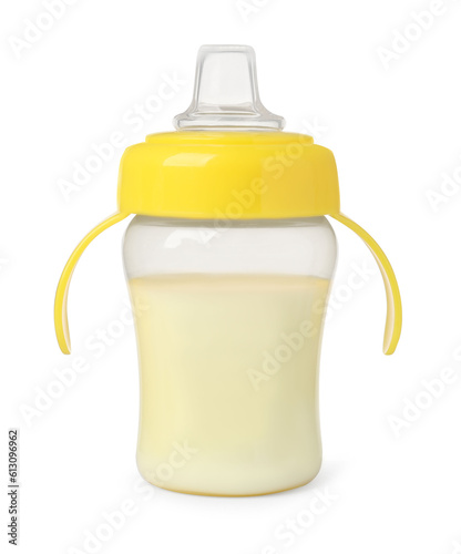 One feeding bottle with milk on white background