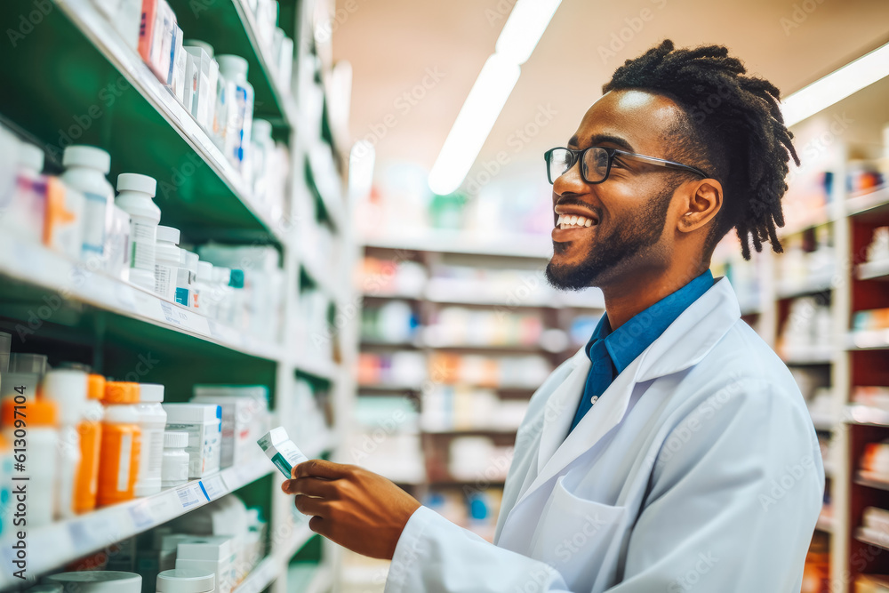 Photo of a professional pharmacist checking stock in the storage room. Pharmacist at work. Generative AI Photo of a professional pharmacist checking stock in the storage room. Pharmacist at work. Generative AI
