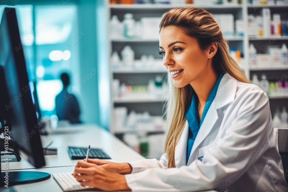 Photo of a professional female pharmacist working in chemist shop or pharmacy. Pharmacist at work. Generative AI Photo of a professional female pharmacist working in chemist shop or pharmacy. Pharmacist at work. Generative AI