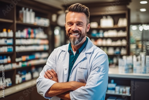 Confident handsome pharmacist at work portrait. Photo of a professional pharmacist checking stock in the storage room. Generative AI