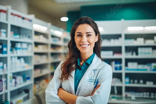 Photo of a beautiful professional female pharmacist working in chemist shop or pharmacy. Pharmacist at work. Generative AI photo