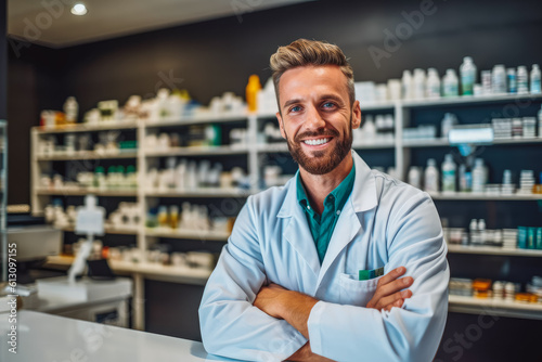Wallpaper Mural Confident handsome pharmacist at work portrait. Photo of a professional pharmacist checking stock in the storage room. Generative AI Torontodigital.ca